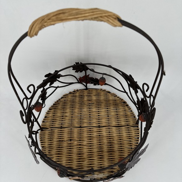 Fall Harvest Metal & Rattan Basket with Handle Autumn Decor Leaf‎ Acorn - Picture 3 of 9